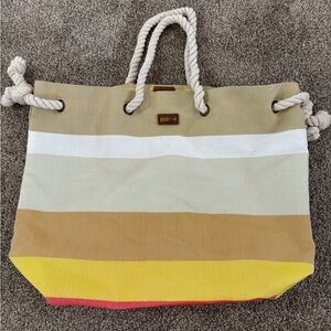 Striped Canvas Rope-Handle Tote Bag - Yellow/Tan/White